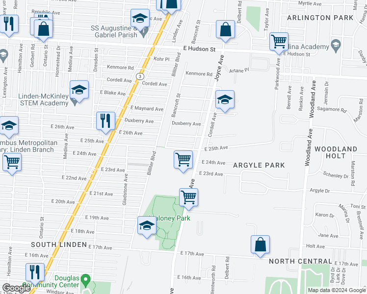 map of restaurants, bars, coffee shops, grocery stores, and more near 1630 East 25th Avenue in Columbus