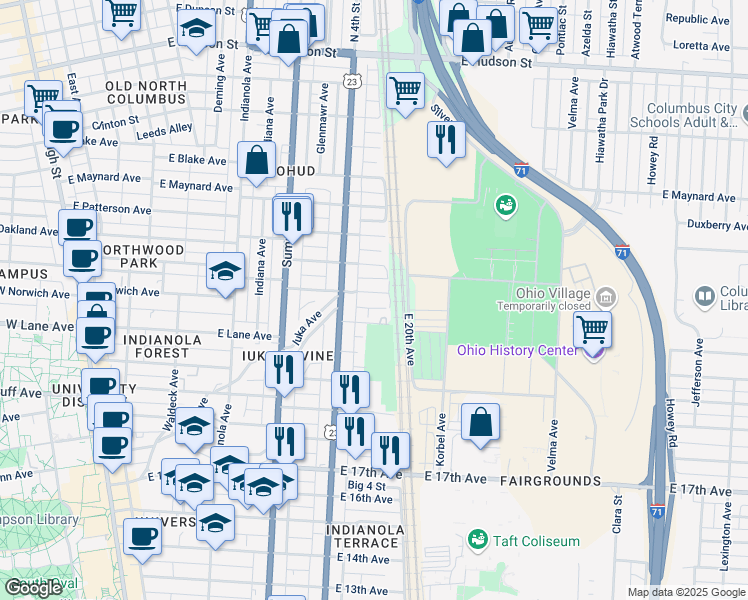 map of restaurants, bars, coffee shops, grocery stores, and more near 474 East Norwich Avenue in Columbus
