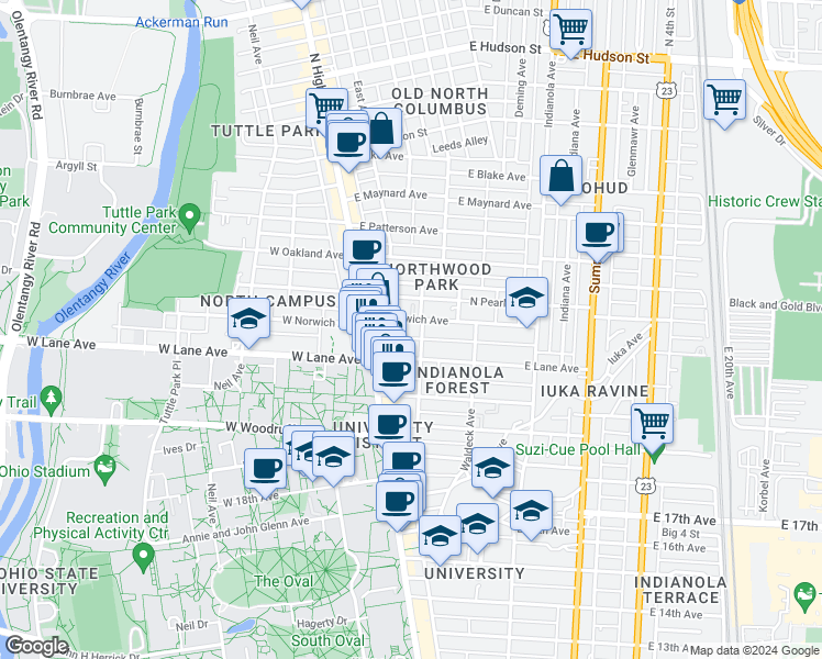 map of restaurants, bars, coffee shops, grocery stores, and more near 2154 Tuller Street in Columbus