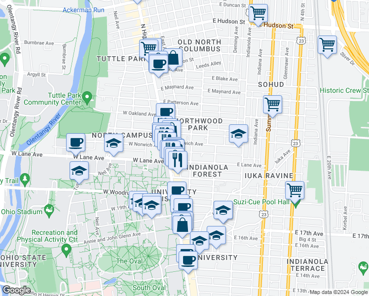 map of restaurants, bars, coffee shops, grocery stores, and more near in Columbus