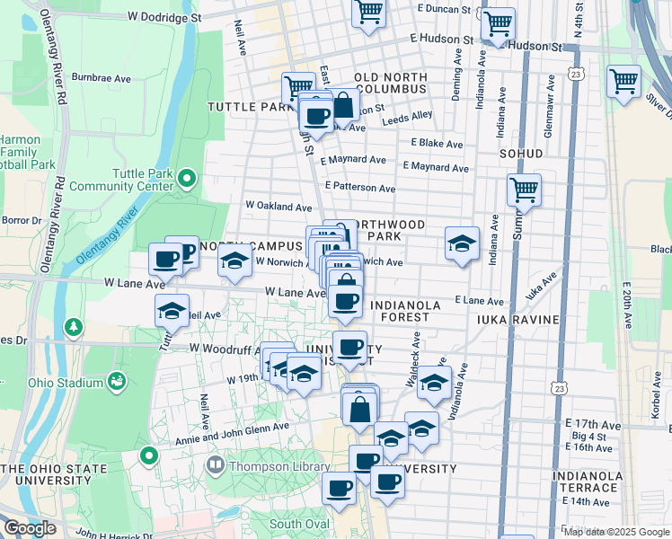 map of restaurants, bars, coffee shops, grocery stores, and more near in Columbus