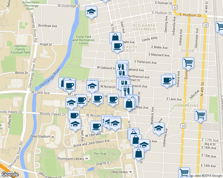 map of restaurants, bars, coffee shops, grocery stores, and more near 78 West Lane Avenue in Columbus