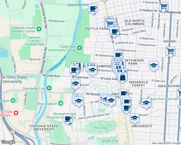 map of restaurants, bars, coffee shops, grocery stores, and more near in Columbus