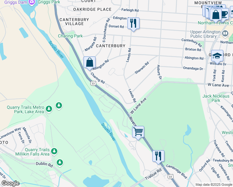 map of restaurants, bars, coffee shops, grocery stores, and more near 2560 Riverside Drive in Columbus
