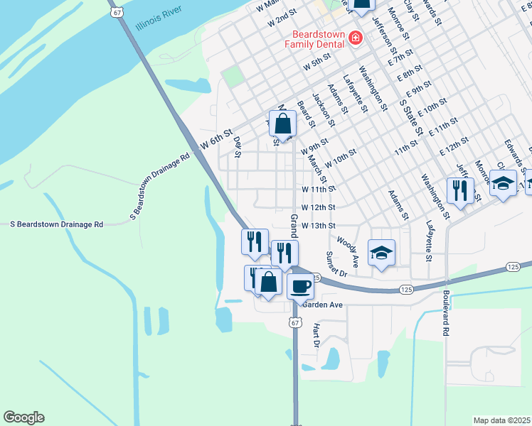 map of restaurants, bars, coffee shops, grocery stores, and more near 14 Otto Turner Drive in Beardstown