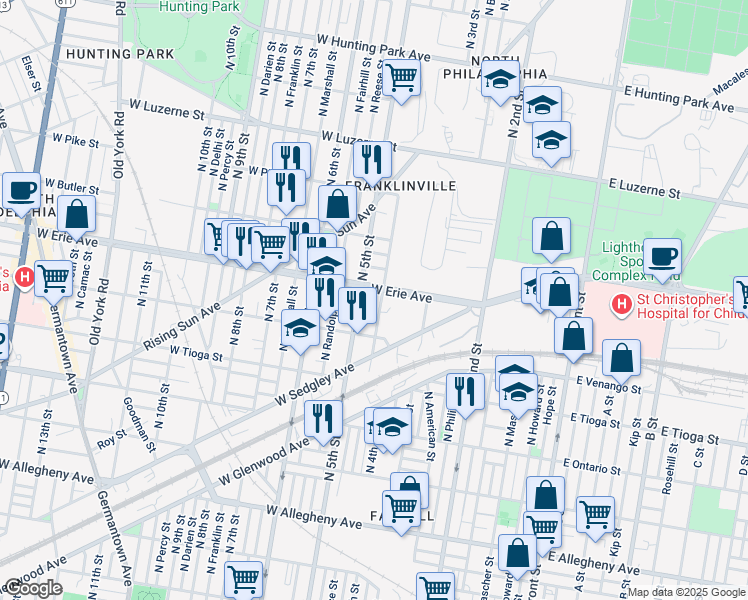 map of restaurants, bars, coffee shops, grocery stores, and more near 3650 North Lawrence Street in Philadelphia