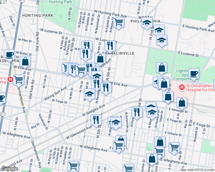 map of restaurants, bars, coffee shops, grocery stores, and more near 3639 North 5th Street in Philadelphia