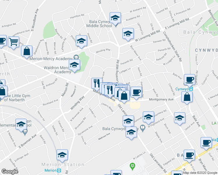 map of restaurants, bars, coffee shops, grocery stores, and more near 316 Parsons Avenue in Bala Cynwyd