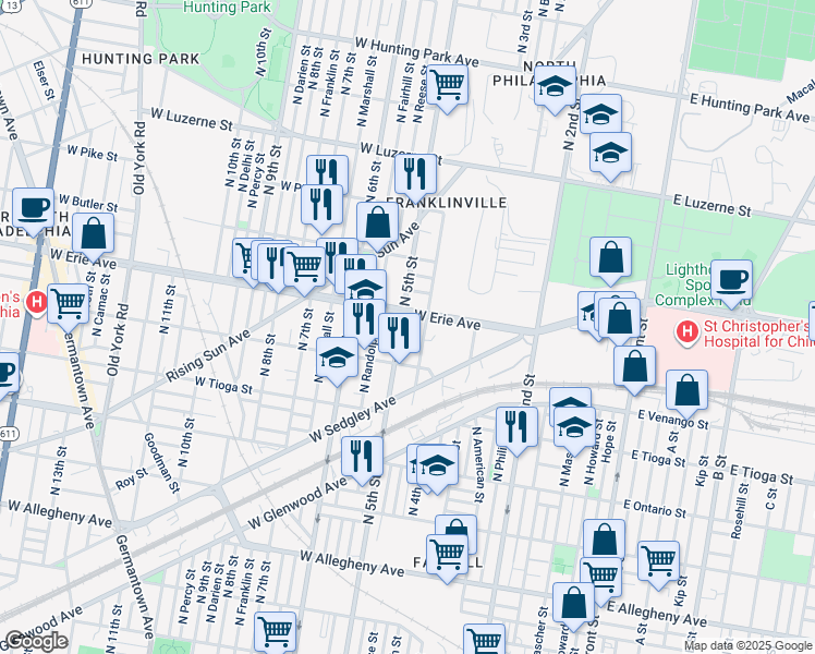 map of restaurants, bars, coffee shops, grocery stores, and more near 3639 North 5th Street in Philadelphia