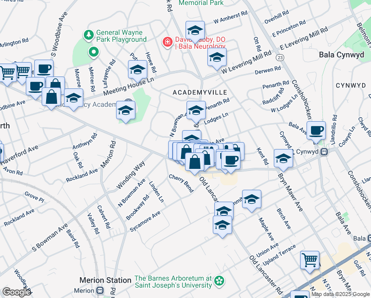 map of restaurants, bars, coffee shops, grocery stores, and more near 316 Parsons Avenue in Bala Cynwyd