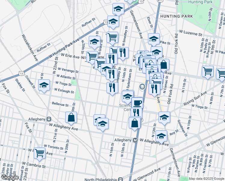 map of restaurants, bars, coffee shops, grocery stores, and more near 3501 North 17th Street in Philadelphia