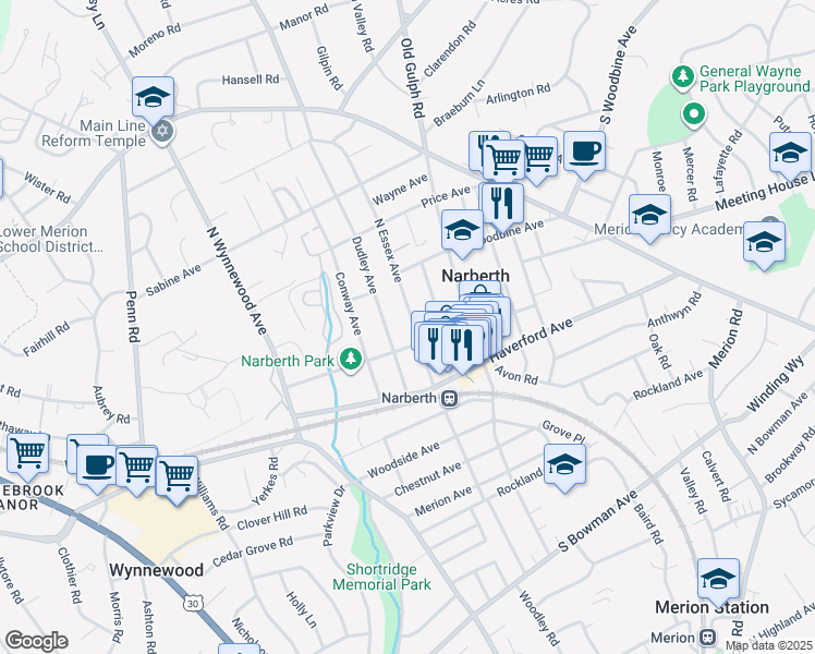 map of restaurants, bars, coffee shops, grocery stores, and more near 226 North Essex Avenue in Narberth
