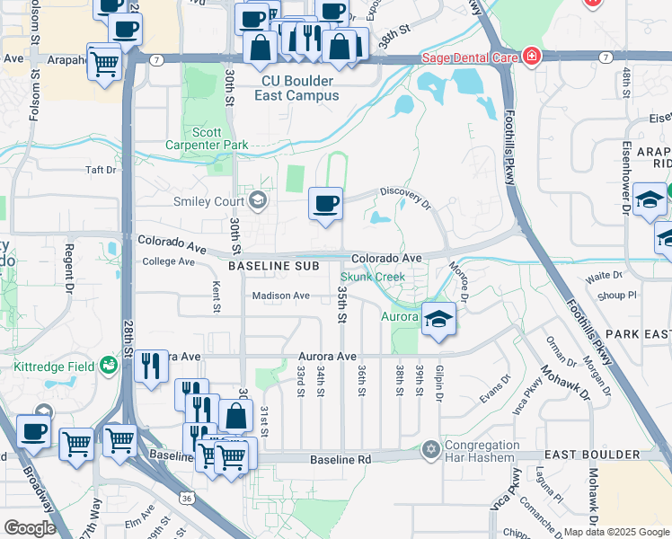 map of restaurants, bars, coffee shops, grocery stores, and more near 1135 35th Street in Boulder