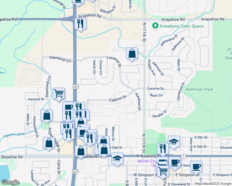 map of restaurants, bars, coffee shops, grocery stores, and more near 609 Westcliff Drive in Lafayette