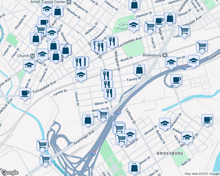map of restaurants, bars, coffee shops, grocery stores, and more near 2319 Orthodox Street in Philadelphia