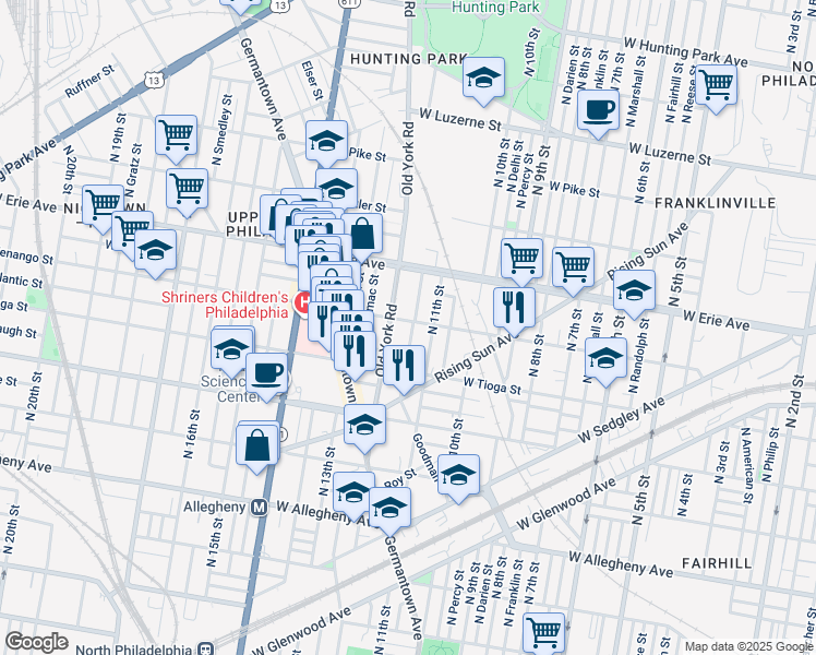 map of restaurants, bars, coffee shops, grocery stores, and more near 1126 West Venango Street in Philadelphia