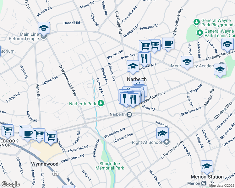 map of restaurants, bars, coffee shops, grocery stores, and more near 226 North Essex Avenue in Narberth