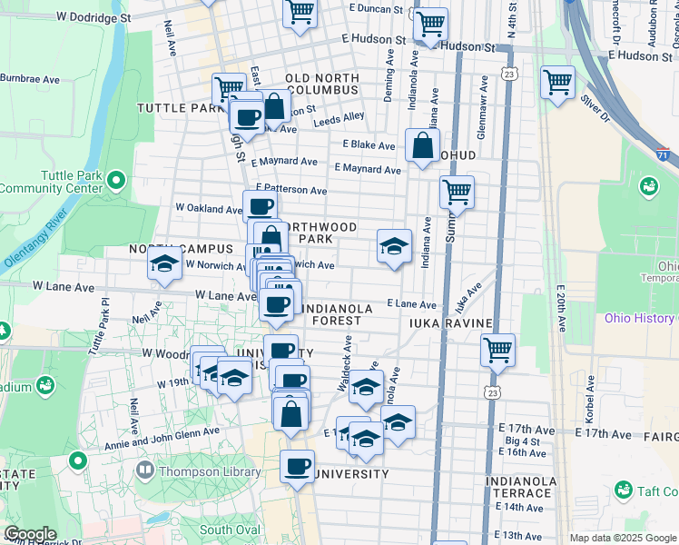 map of restaurants, bars, coffee shops, grocery stores, and more near 133 East Norwich Avenue in Columbus