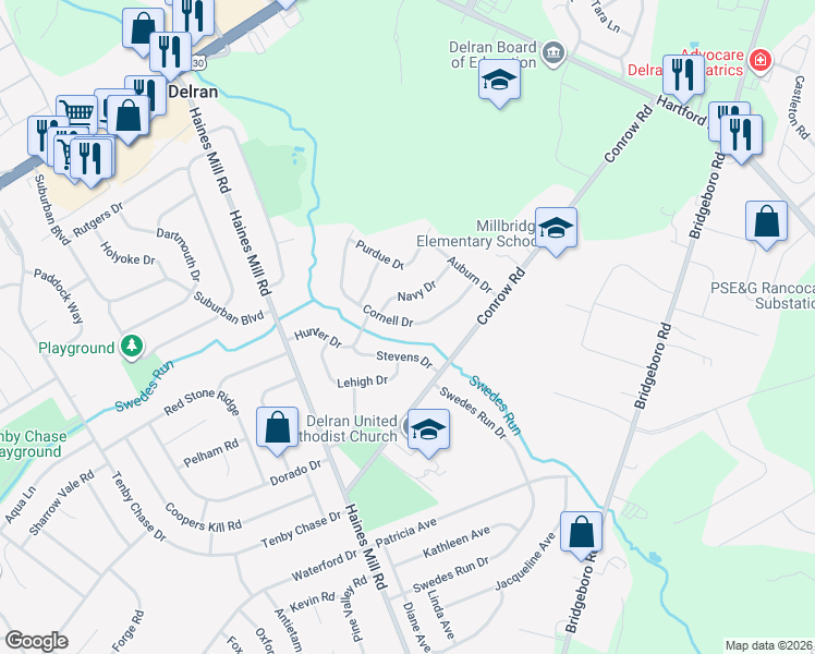 map of restaurants, bars, coffee shops, grocery stores, and more near 15 Stevens Drive in Delran