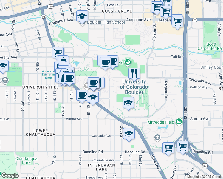 map of restaurants, bars, coffee shops, grocery stores, and more near 1060 18th Street in Boulder