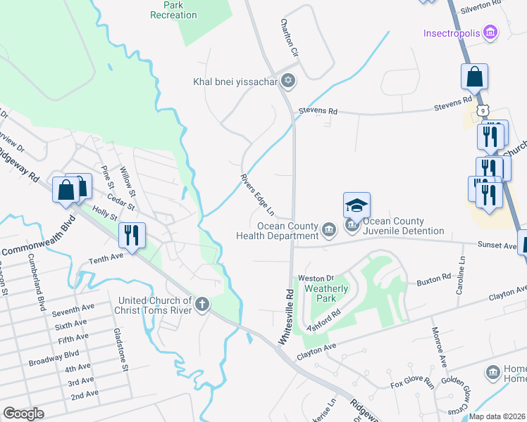 map of restaurants, bars, coffee shops, grocery stores, and more near 1647 Whitewater Court in Toms River