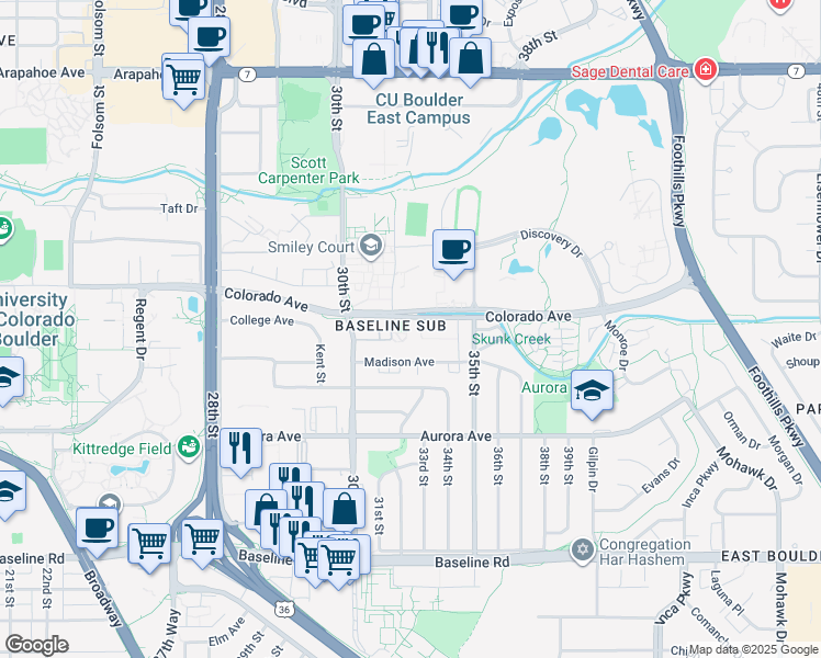 map of restaurants, bars, coffee shops, grocery stores, and more near 3293 Madison Avenue in Boulder