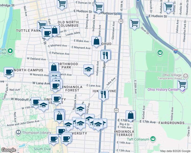 map of restaurants, bars, coffee shops, grocery stores, and more near 2137 Indiana Avenue in Columbus