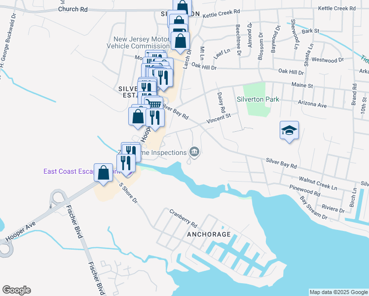 map of restaurants, bars, coffee shops, grocery stores, and more near 612 Bounty Court in Toms River