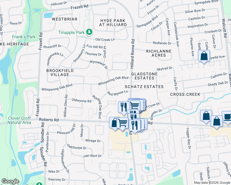 map of restaurants, bars, coffee shops, grocery stores, and more near 5400 Red Wynne Lane in Hilliard