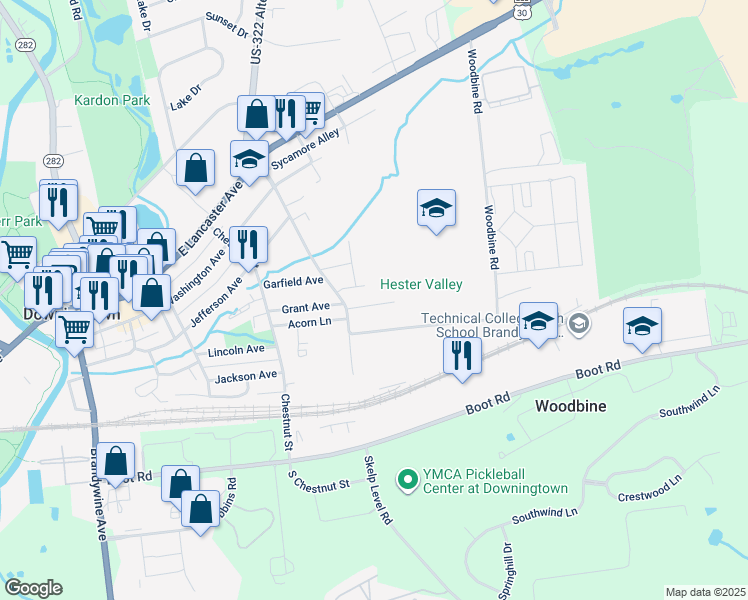 map of restaurants, bars, coffee shops, grocery stores, and more near 515 Grant Avenue in Downingtown