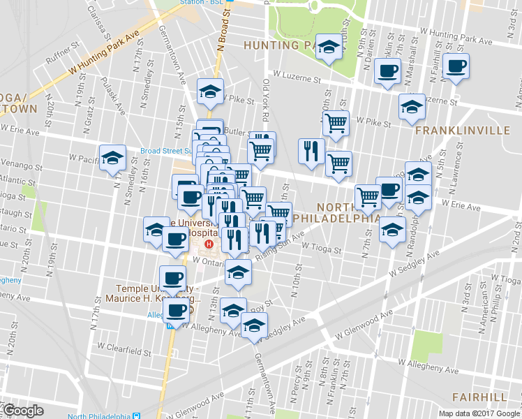 map of restaurants, bars, coffee shops, grocery stores, and more near 1138 West Venango Street in Philadelphia