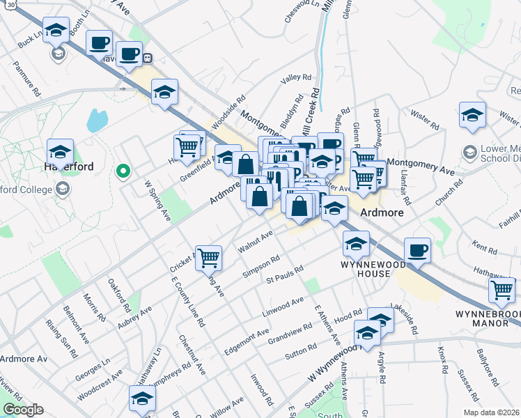 map of restaurants, bars, coffee shops, grocery stores, and more near 7 East Athens Avenue in Ardmore