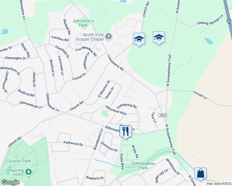 map of restaurants, bars, coffee shops, grocery stores, and more near 626 South Maurice Street in York