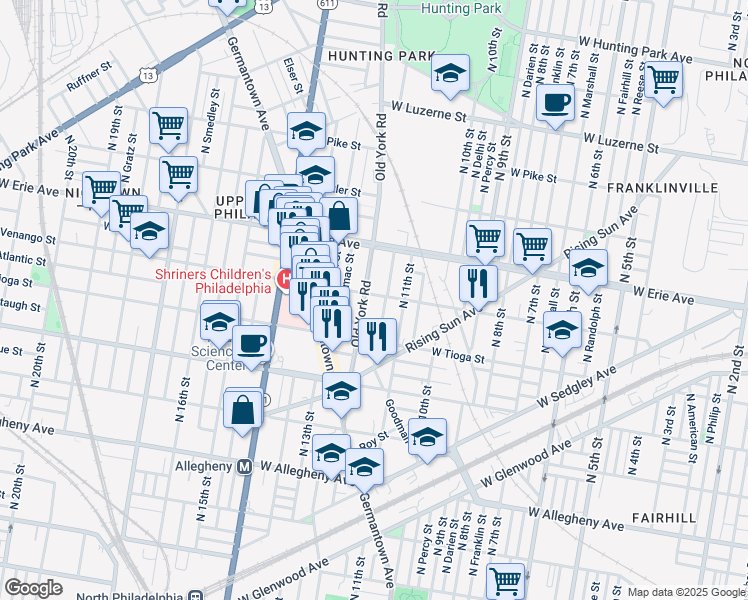 map of restaurants, bars, coffee shops, grocery stores, and more near 1138 West Venango Street in Philadelphia