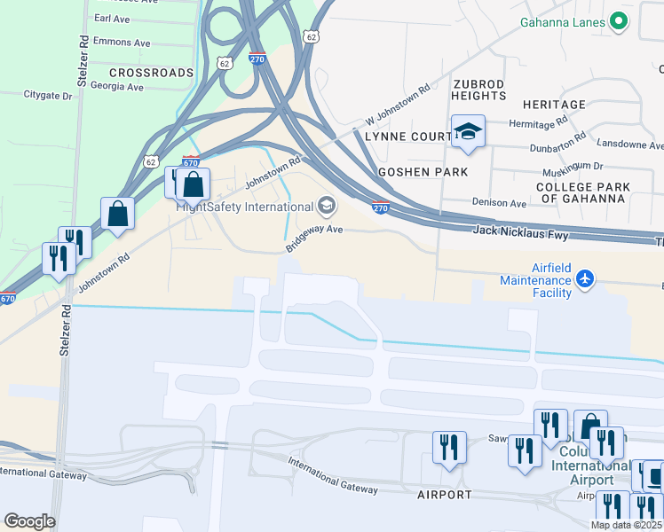 map of restaurants, bars, coffee shops, grocery stores, and more near 4111 Bridgeway Avenue in Columbus