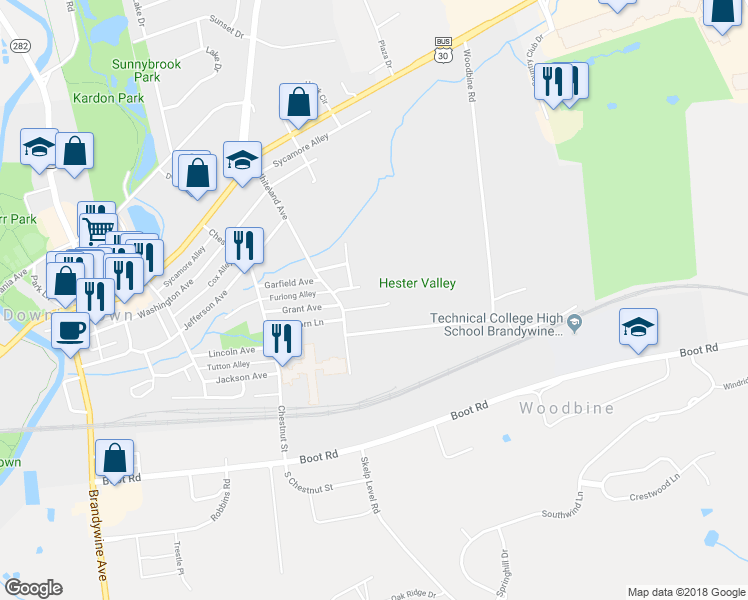 map of restaurants, bars, coffee shops, grocery stores, and more near 517 Grant Avenue in Downingtown