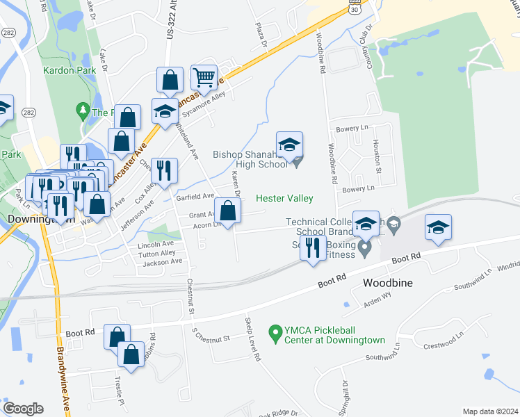 map of restaurants, bars, coffee shops, grocery stores, and more near 521 Grant Avenue in Downingtown