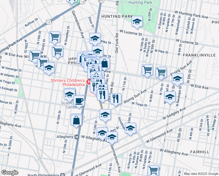 map of restaurants, bars, coffee shops, grocery stores, and more near 3544 Old York Road in Philadelphia