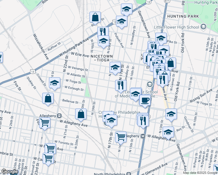 map of restaurants, bars, coffee shops, grocery stores, and more near 1730 West Tioga Street in Philadelphia