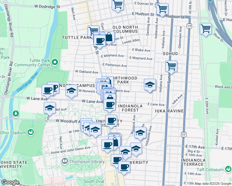 map of restaurants, bars, coffee shops, grocery stores, and more near 55 East Norwich Avenue in Columbus