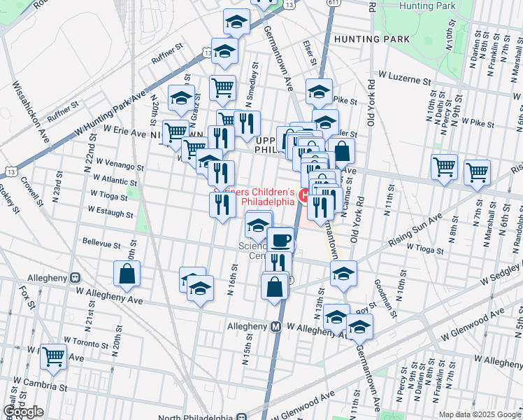 map of restaurants, bars, coffee shops, grocery stores, and more near 3509 North Sydenham Street in Philadelphia