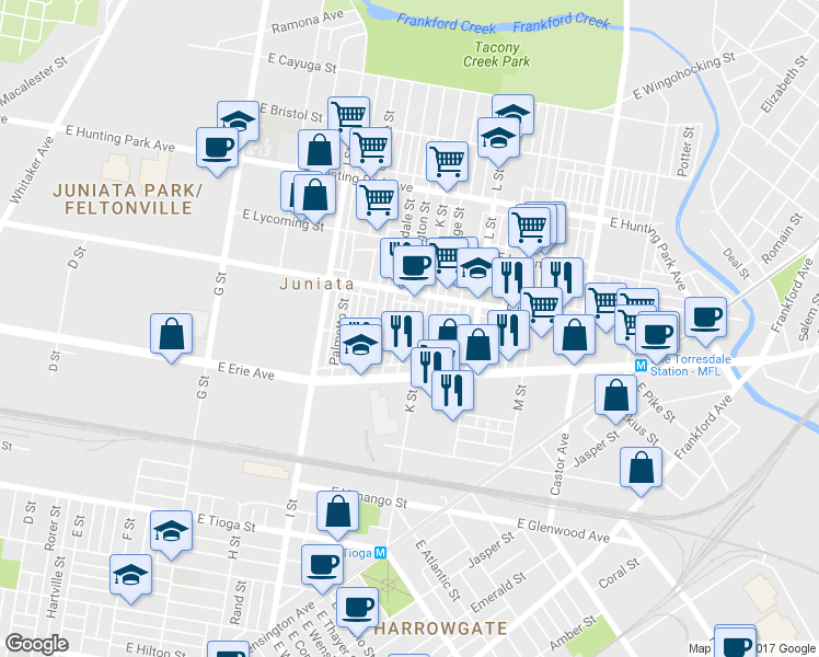 map of restaurants, bars, coffee shops, grocery stores, and more near 3917 Bennington Street in Philadelphia