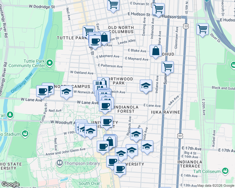 map of restaurants, bars, coffee shops, grocery stores, and more near 2154 Tuller Street in Columbus