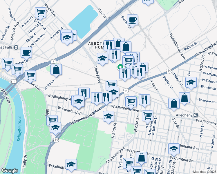 map of restaurants, bars, coffee shops, grocery stores, and more near 2801-15 Henry Avenue in Philadelphia