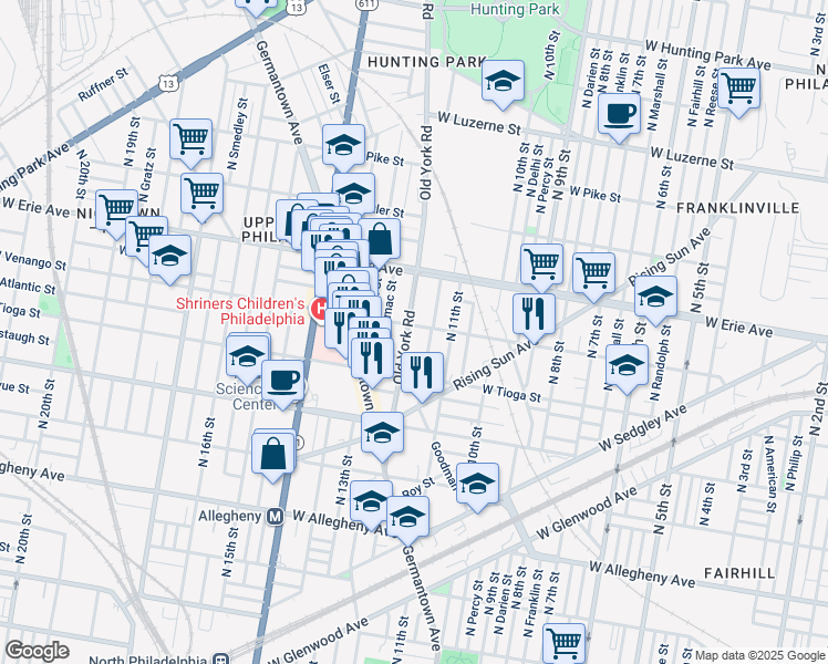 map of restaurants, bars, coffee shops, grocery stores, and more near 1144 West Venango Street in Philadelphia