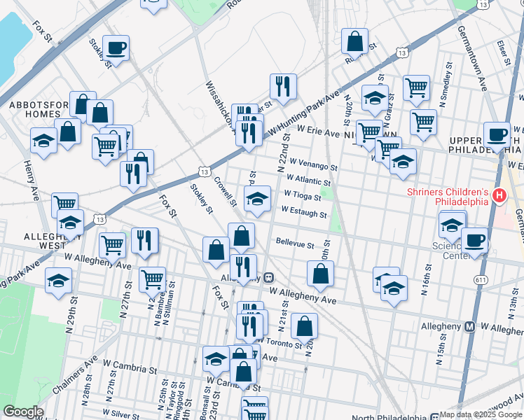 map of restaurants, bars, coffee shops, grocery stores, and more near 2218 West Estaugh Street in Philadelphia