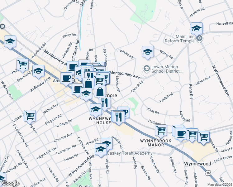 map of restaurants, bars, coffee shops, grocery stores, and more near 10 Llanfair Road in Ardmore