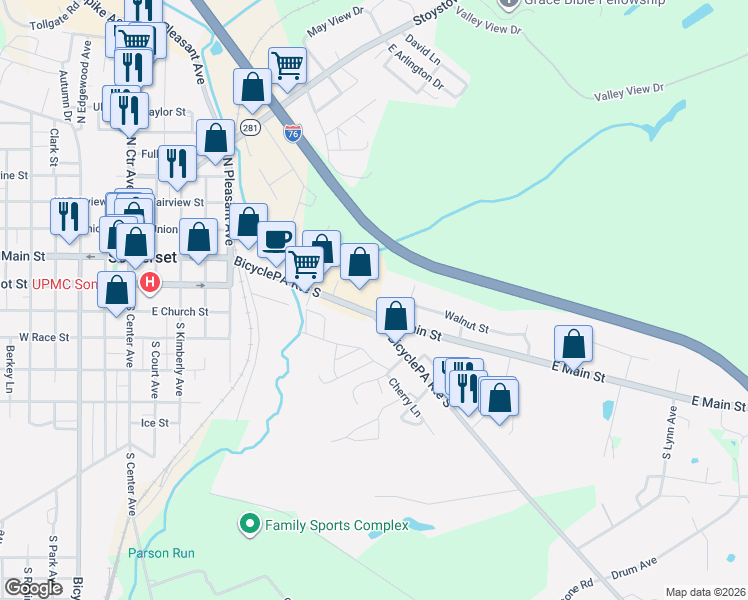 map of restaurants, bars, coffee shops, grocery stores, and more near 561 BicyclePA Route S in Somerset