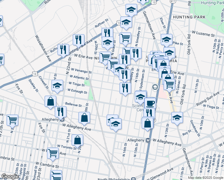 map of restaurants, bars, coffee shops, grocery stores, and more near N 18th St & W Tioga St in Philadelphia