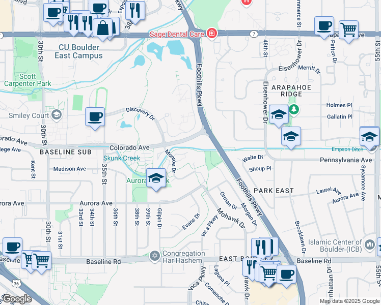 map of restaurants, bars, coffee shops, grocery stores, and more near 1130 Monroe Drive in Boulder